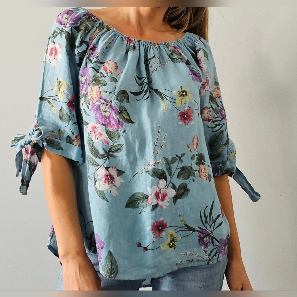 Valentina Naldi Floral Blouse Linen Off Shoulder Blue Tie Cuff Italy Sz S